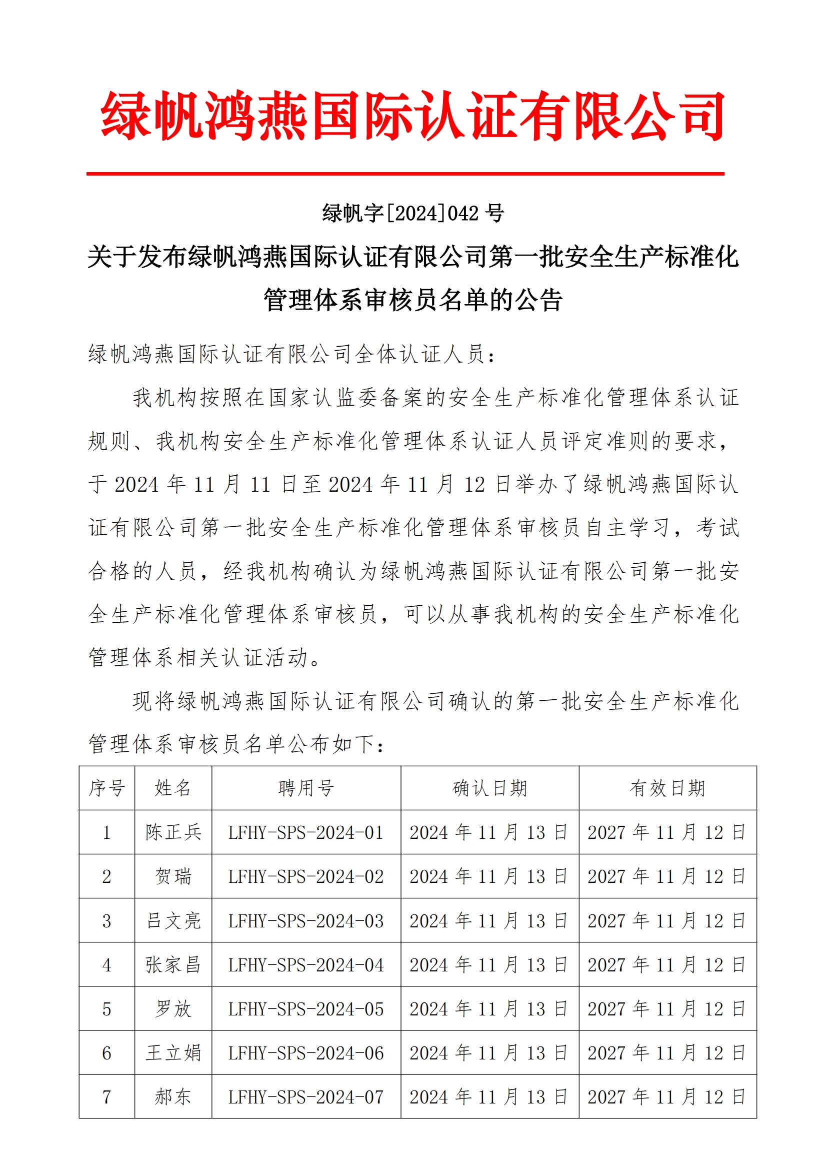 06==关于发布绿帆鸿燕国际认证有限公司第一批安全生产标准化管理体系审核员名单的公告20241113_00